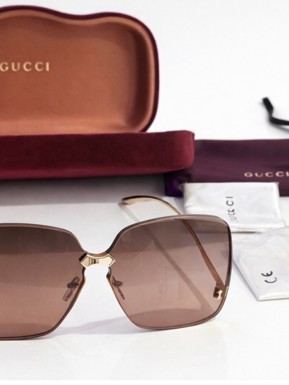 NWT Gucci GG0352S 002 Gold Rimless Oversized Brown Gradient Sunglasses - Picture 3 of 9